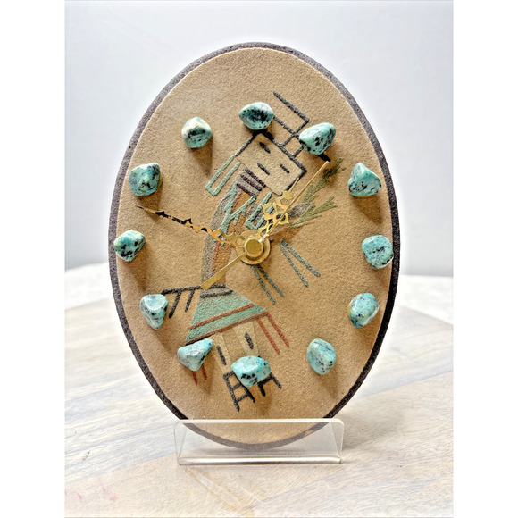 Handcrafted Other - Vintage Southwestern Turquoise Stone Clock – Sand Art Design, Handcrafted DNW